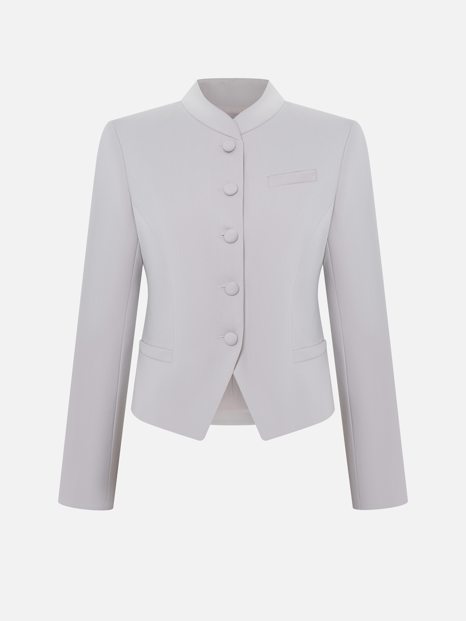 Приталенный однобортный жакет с обтяжными пуговицами