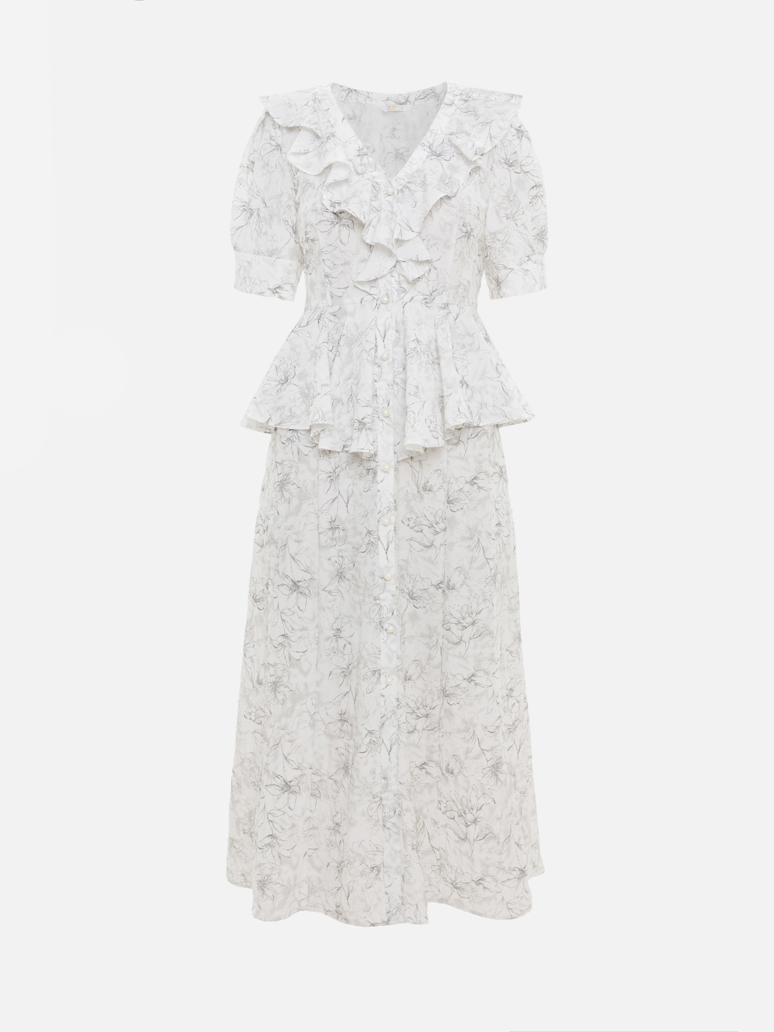 Платье миди с рукавами-фонариками и перламутровыми пуговицами