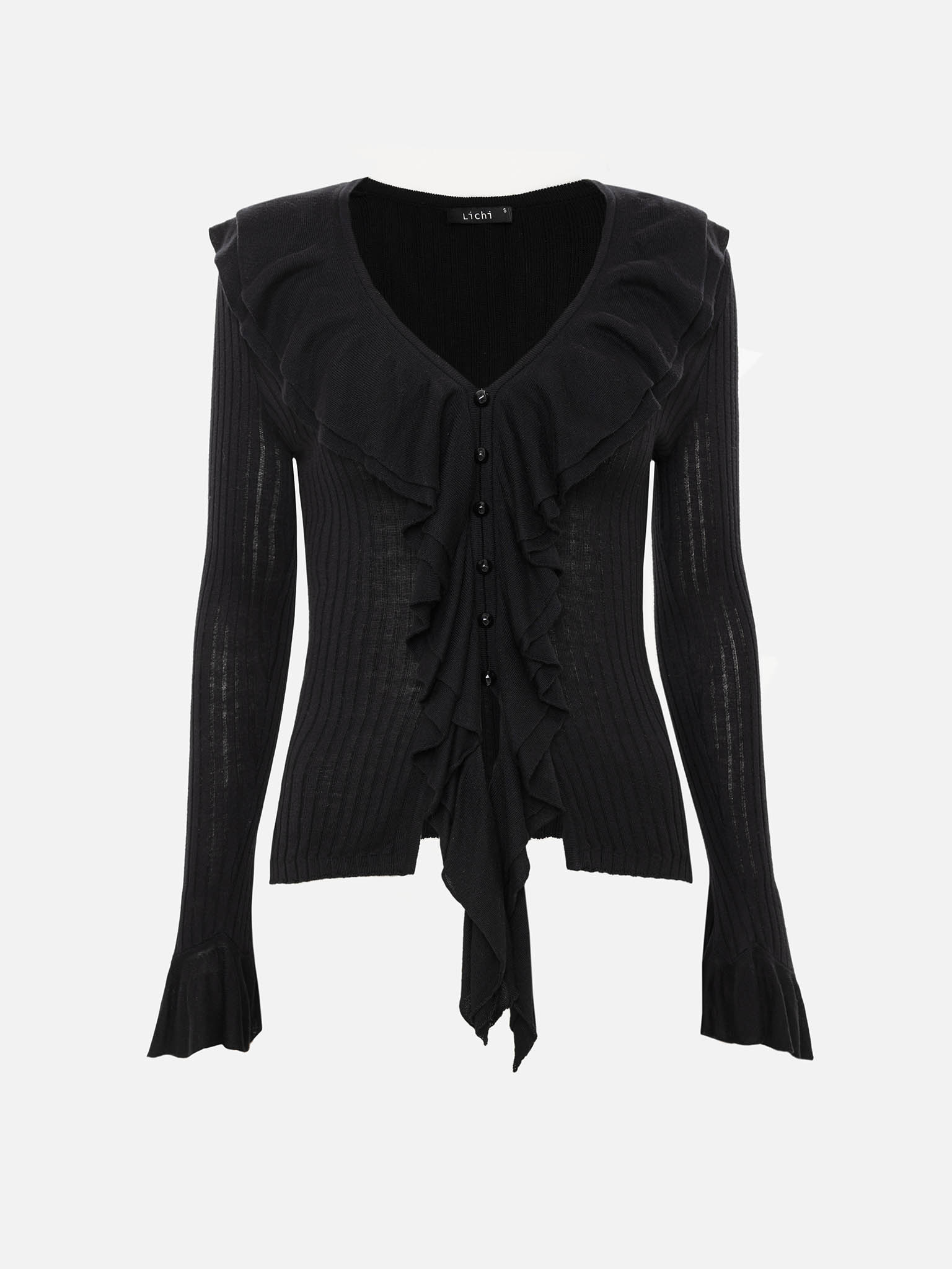 Блуза из вискозы в рубчик с воланами на воротнике