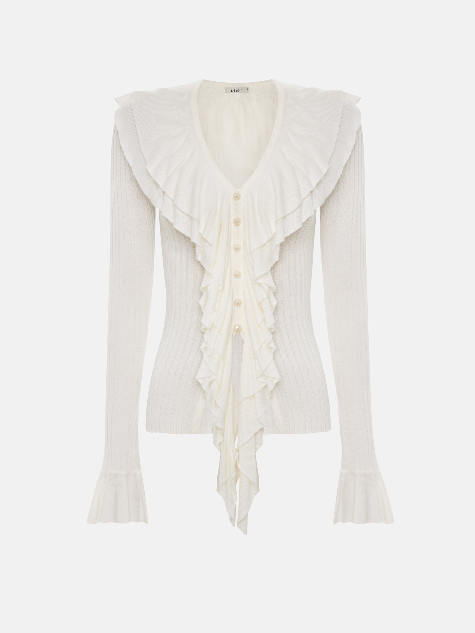 Ribbed viscose blouse with ruffles on the collar