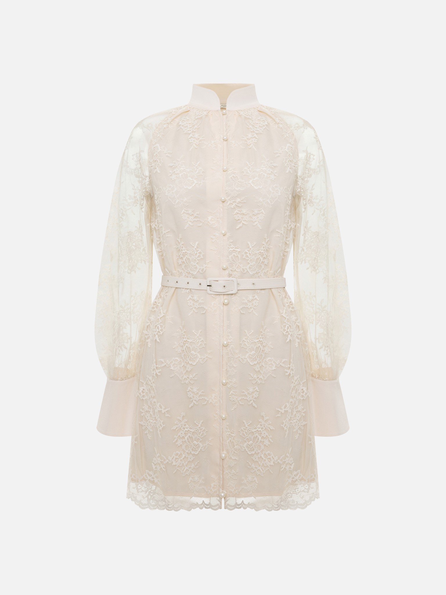 Guipure mini dress with eco-leather belt