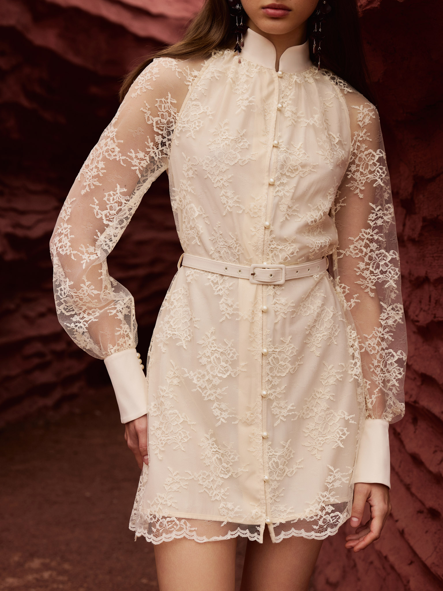 Guipure mini dress with eco-leather belt