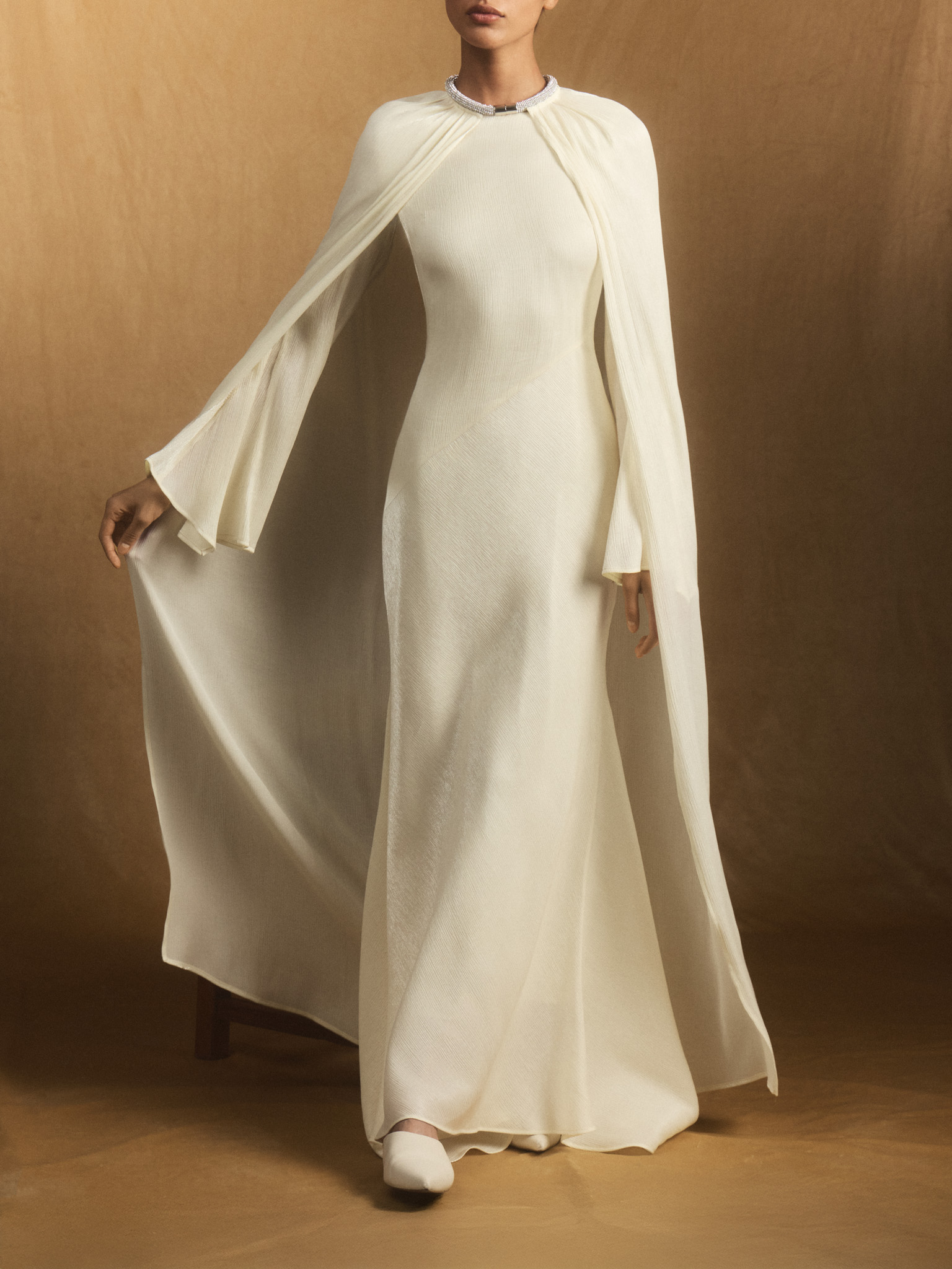 Maxi dress in a jacquard-effect fabric with tonal cape