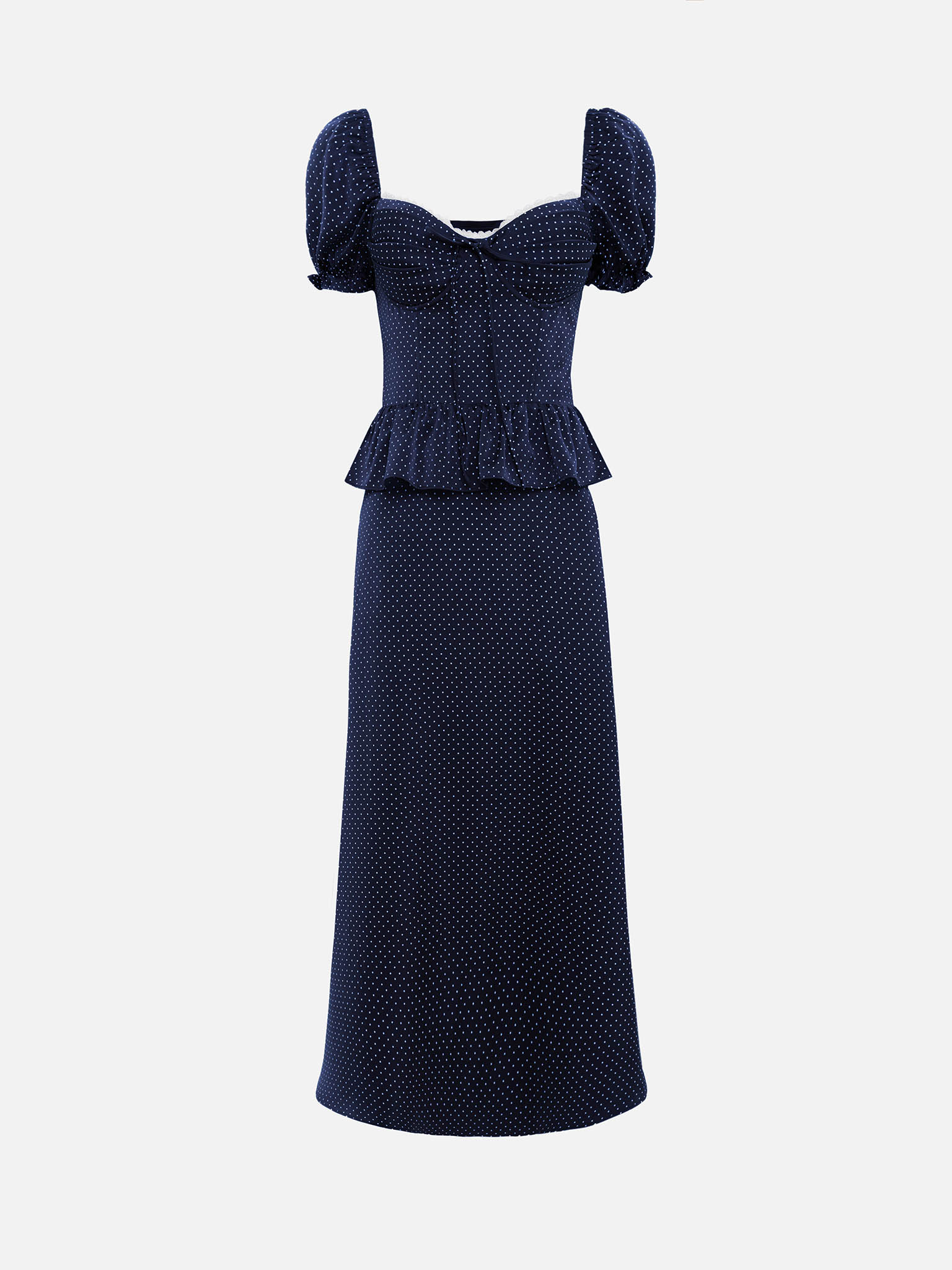 Polka-dot midi dress with a peplum waist