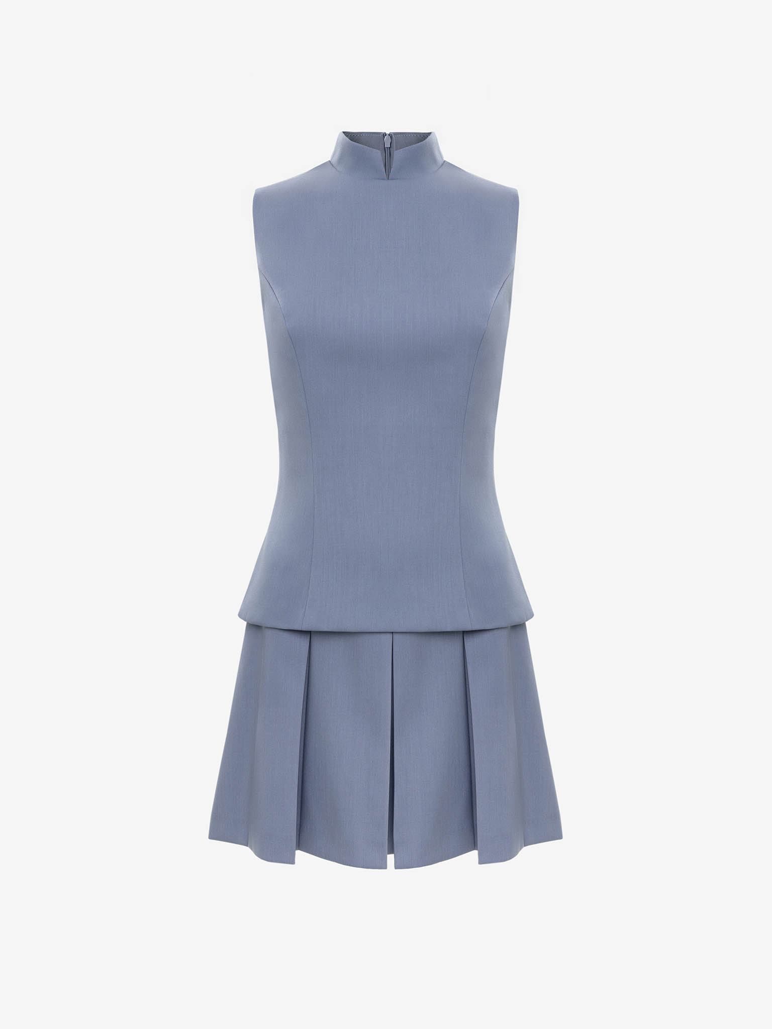 Mini dress with a stand-up collar and a pleated skirt