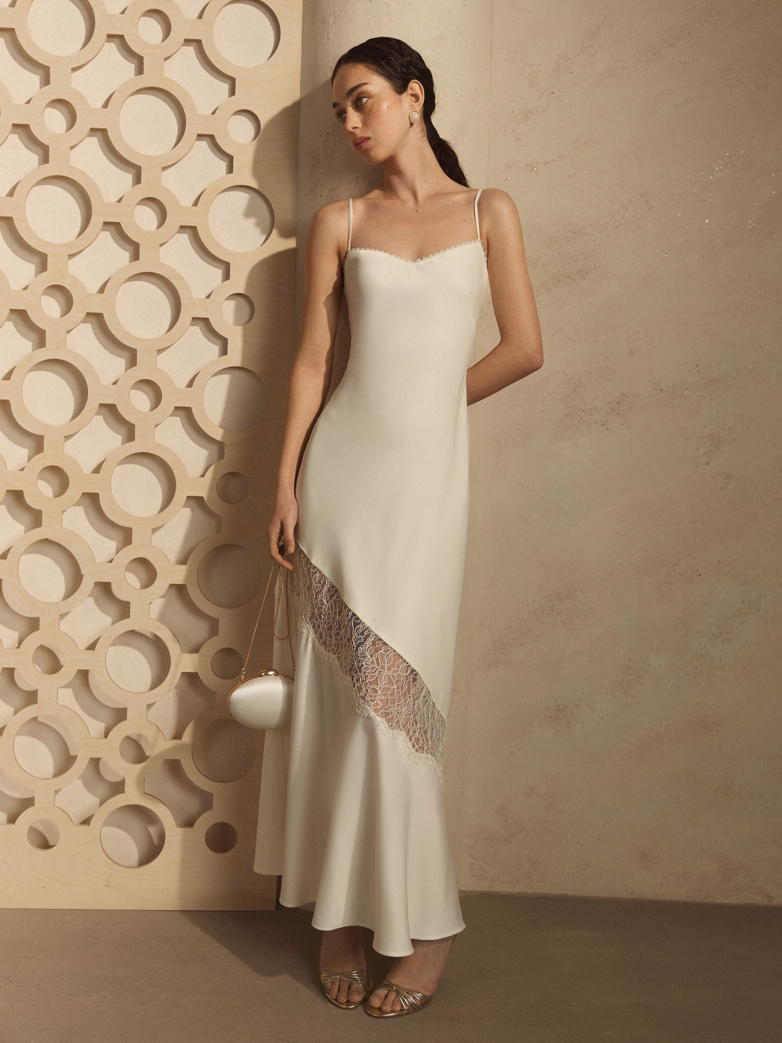 Maxi slip dress with lace insert on the skirt