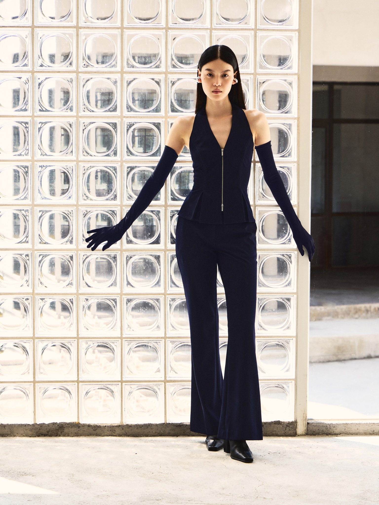 Flared high-waisted trousers