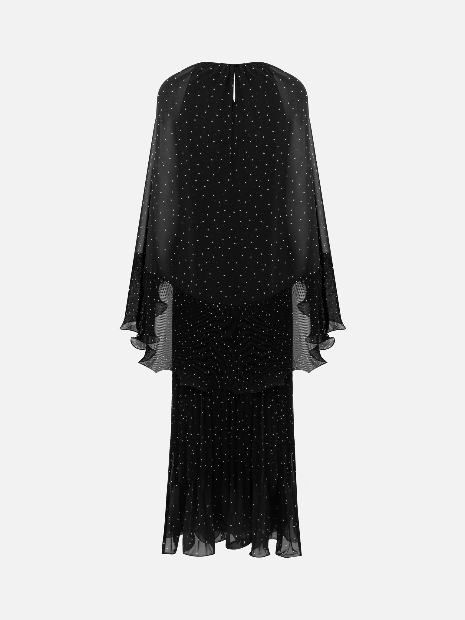 Polka dot chiffon maxi dress with voluminous cape