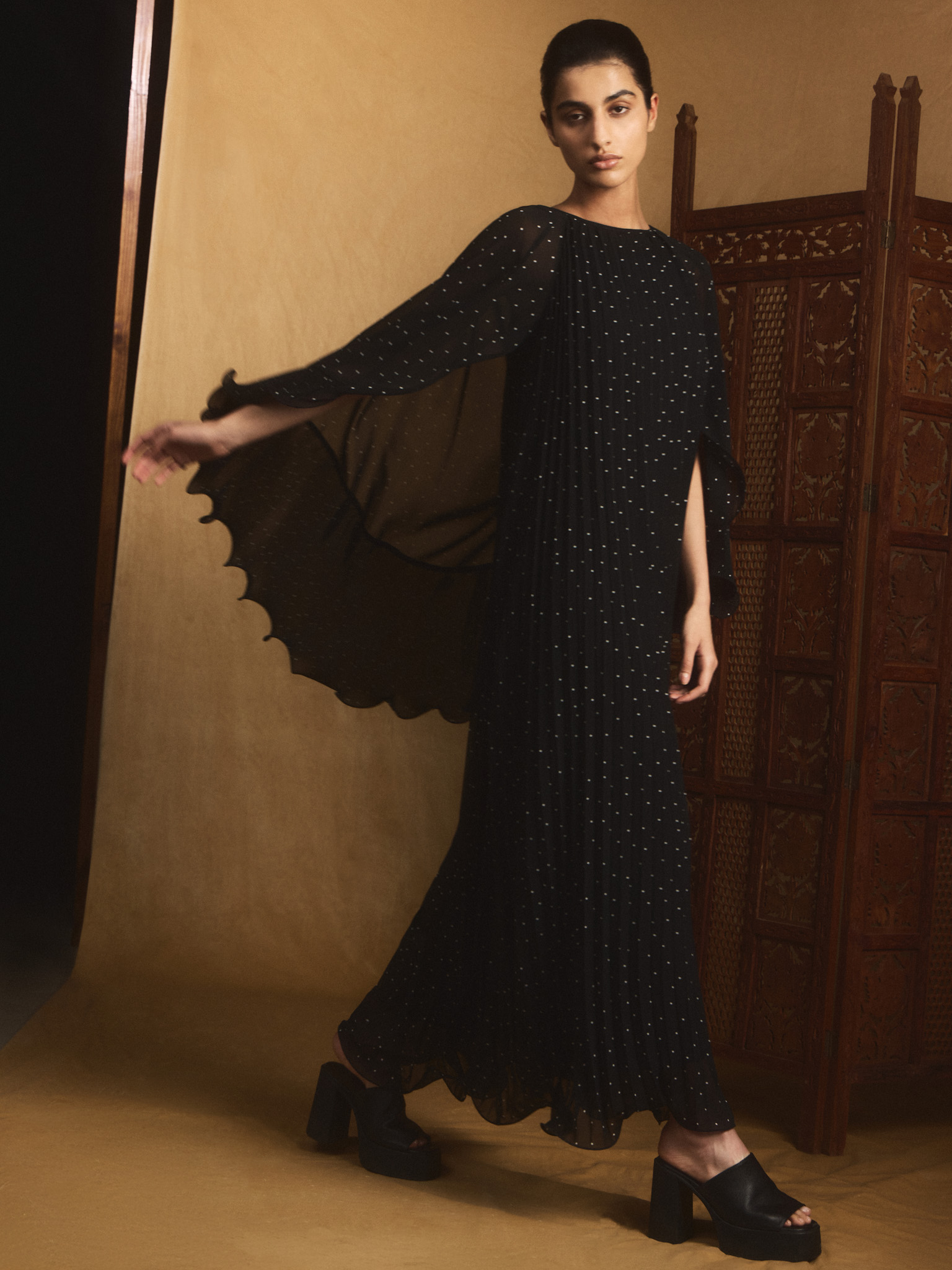 Polka dot chiffon maxi dress with voluminous cape