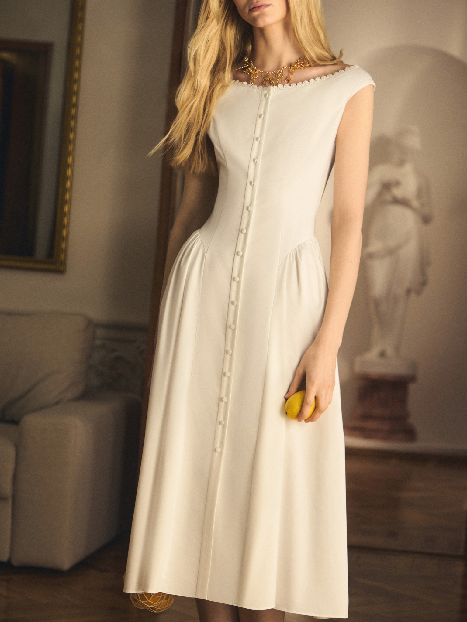 Midi dress with oval neckline and voluminous skirt