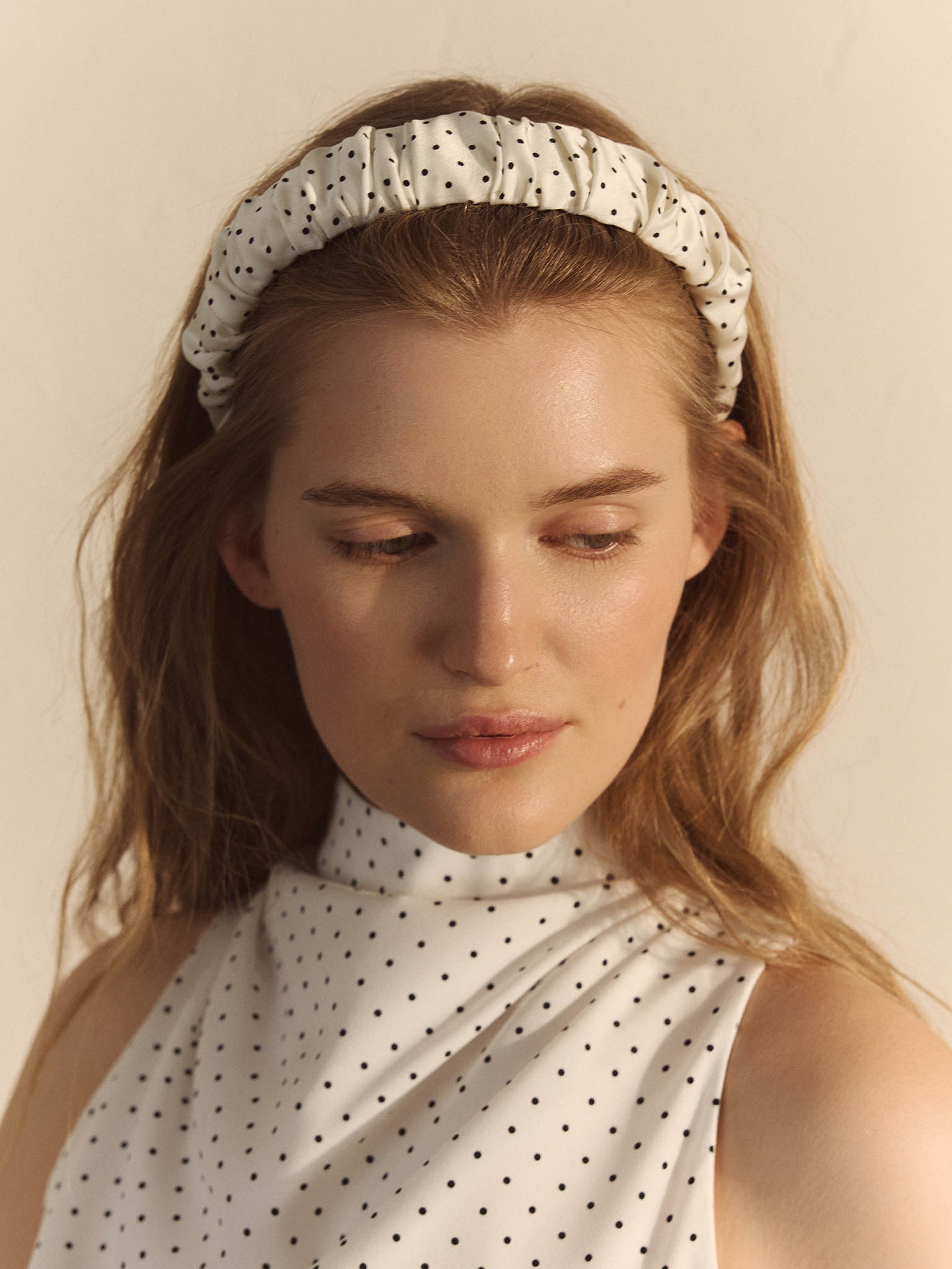 Polka dot gathered fabric hairband