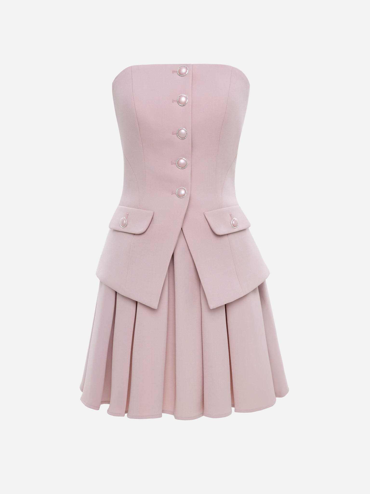 Open-shoulder mini dress with a pleated skirt