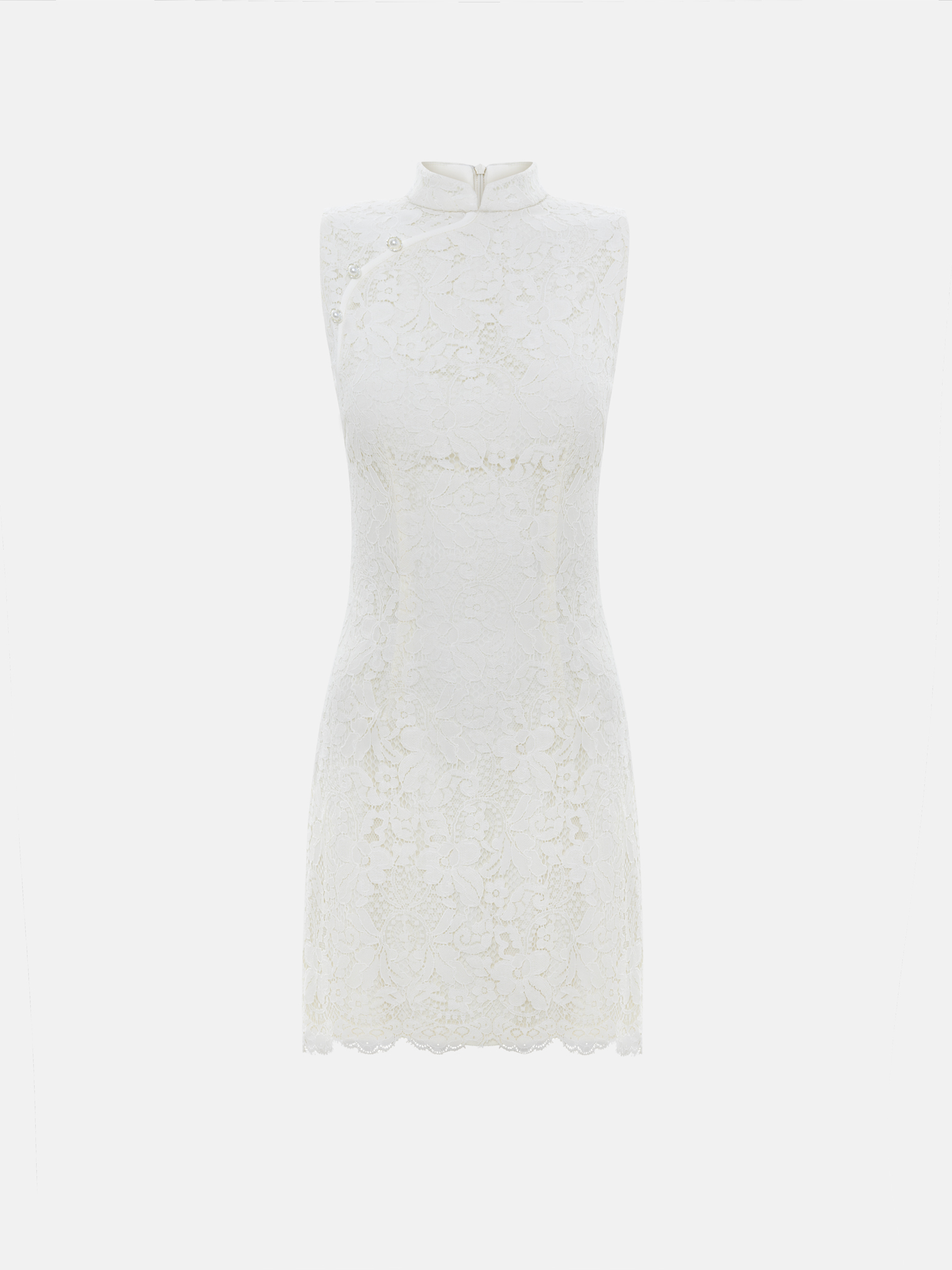 Guipure mini dress with a diagonal fastening on the bodice