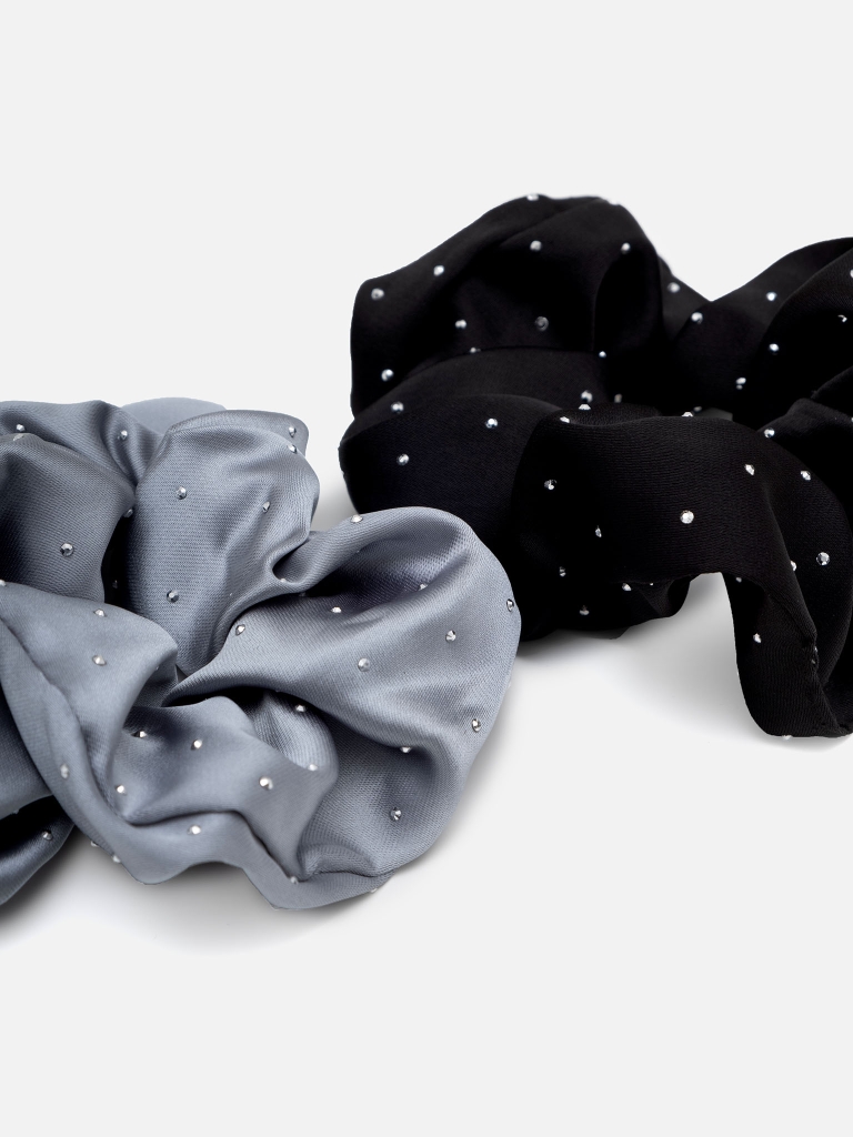 Set of two satin scrunchies with rhinestones