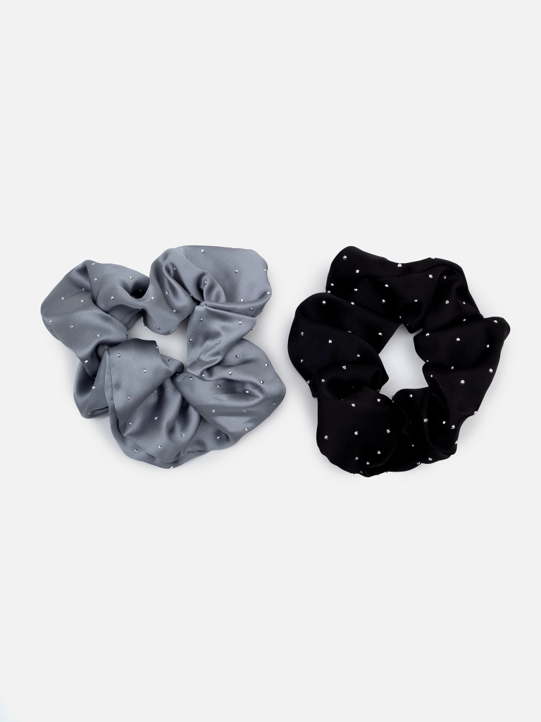 Set of two satin scrunchies with rhinestones
