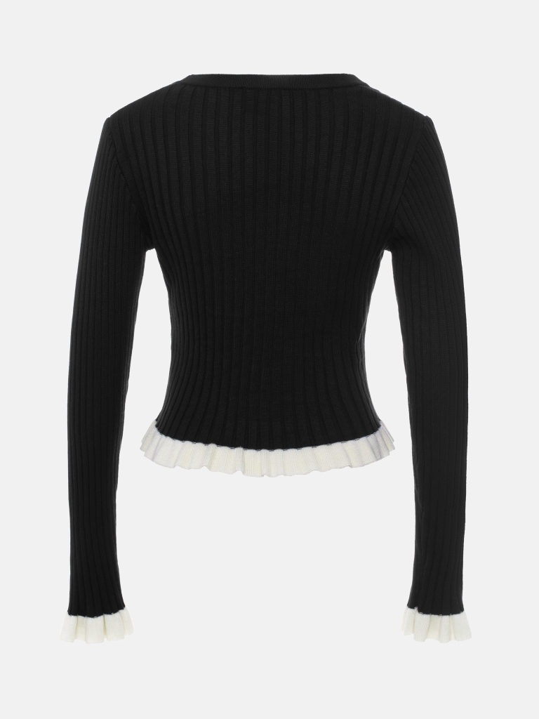 Rib-knit cardigan with contrasting ruffles