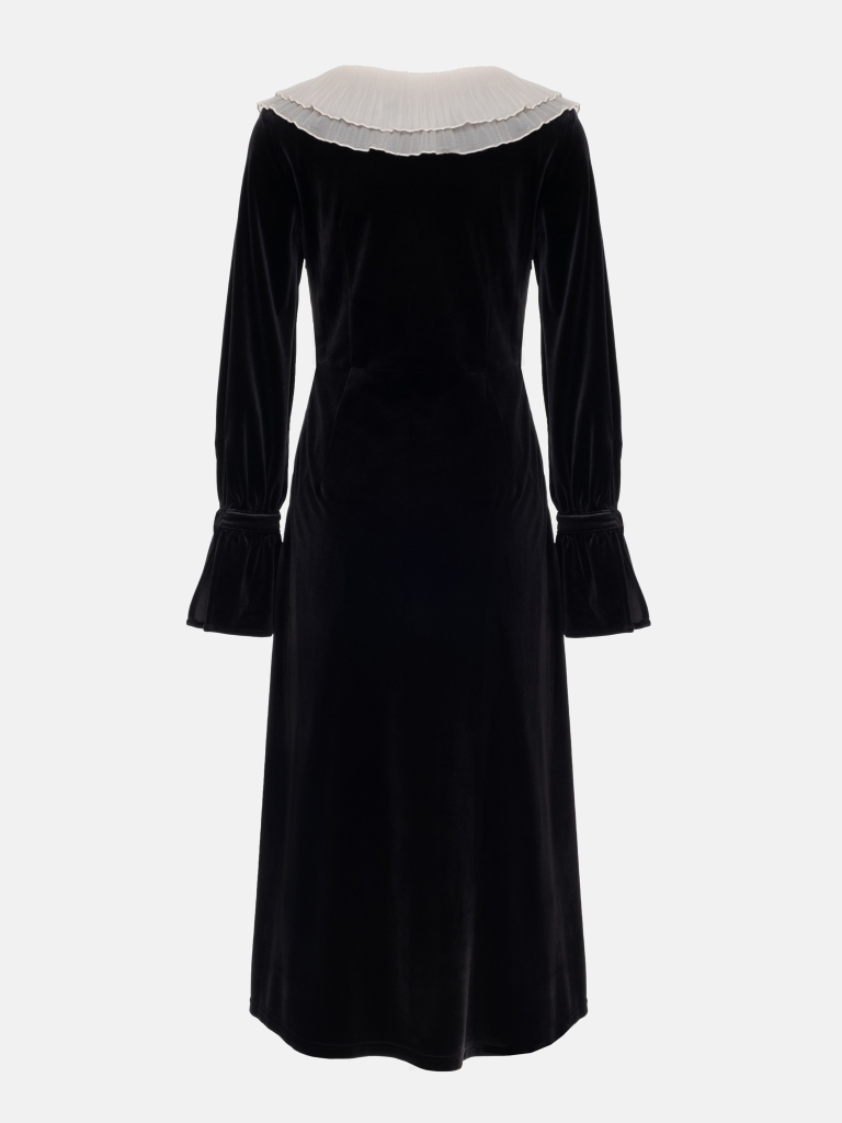 Velvet midi dress with pleated collar