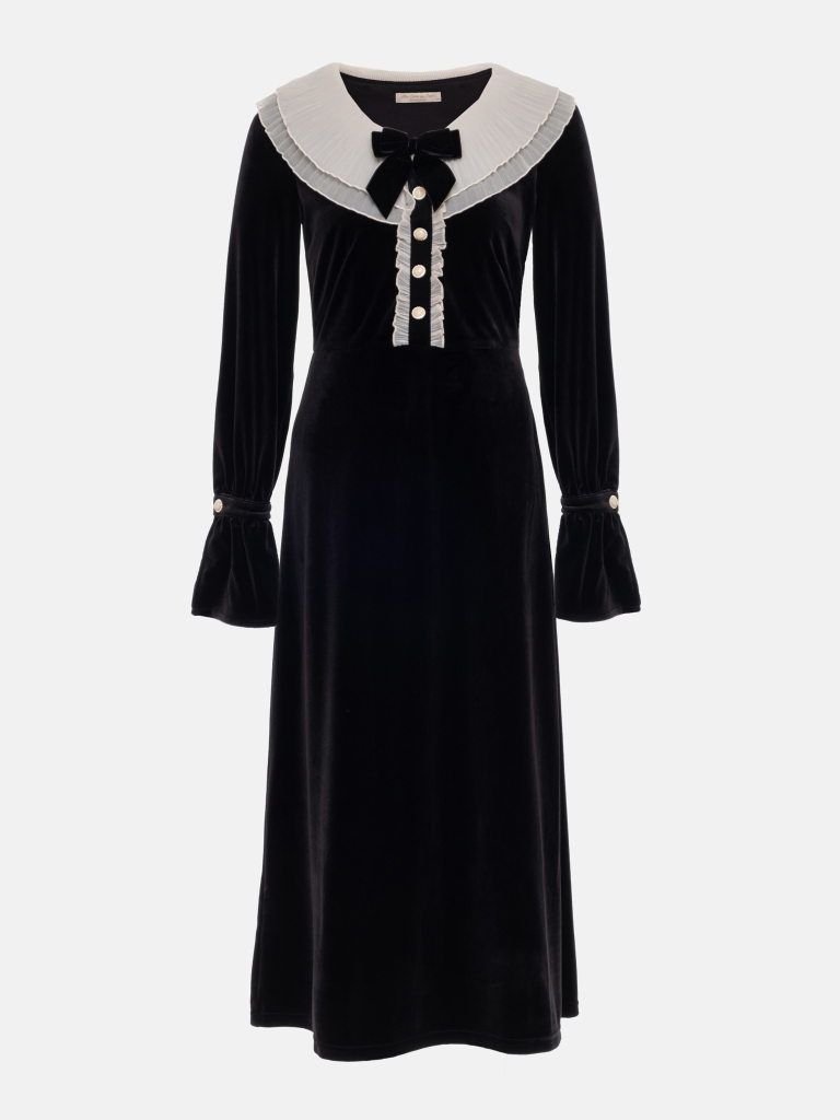 Velvet midi dress with pleated collar
