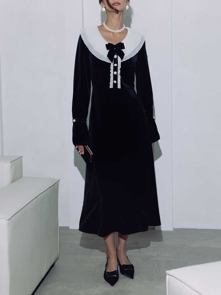 Velvet midi dress with pleated collar