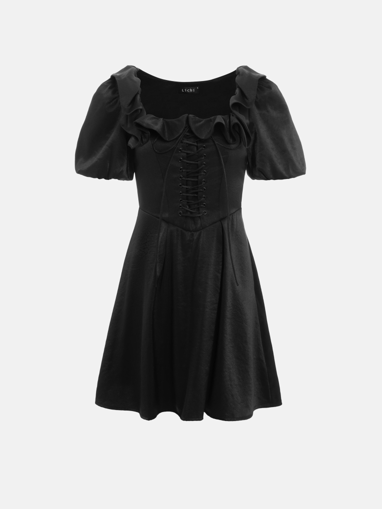 Shiny mini dress with lace-up waistline