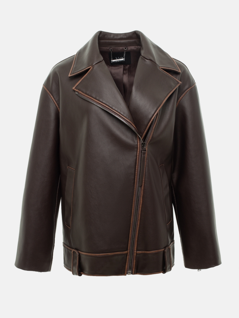 Long eco-leather jacket with zip fastening