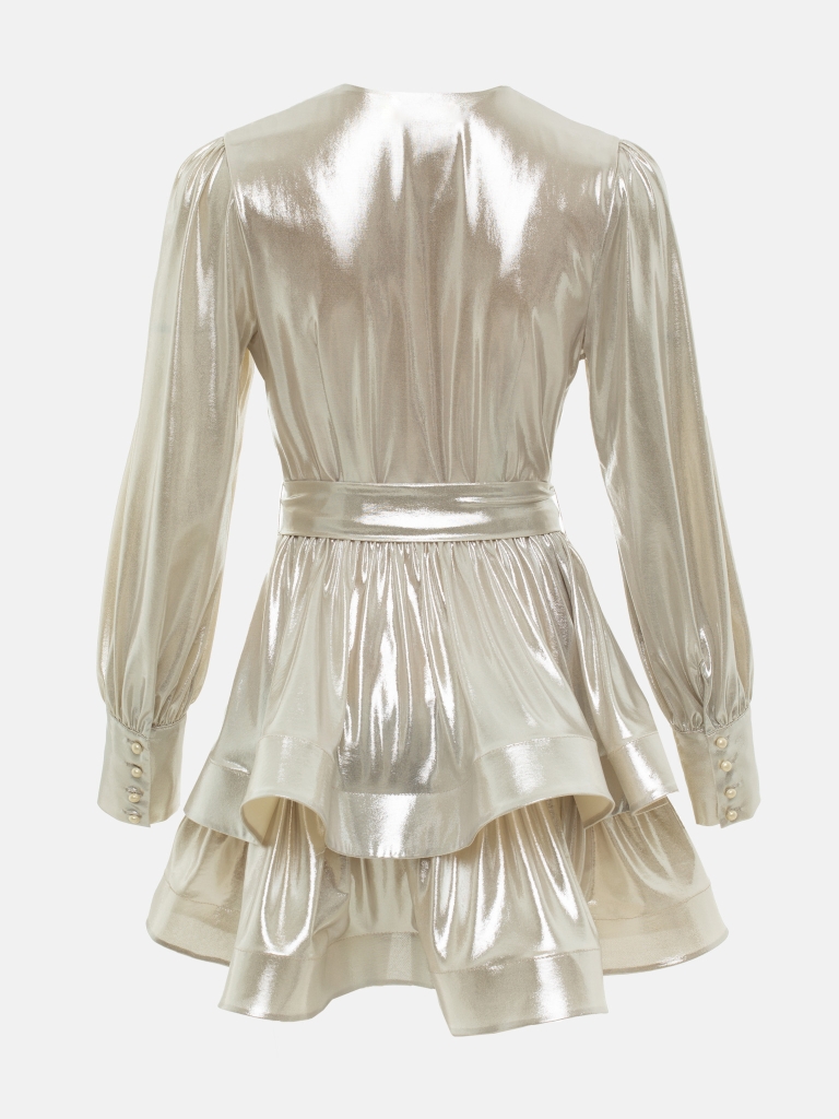 Shiny mini dress  with ribbons at the waist