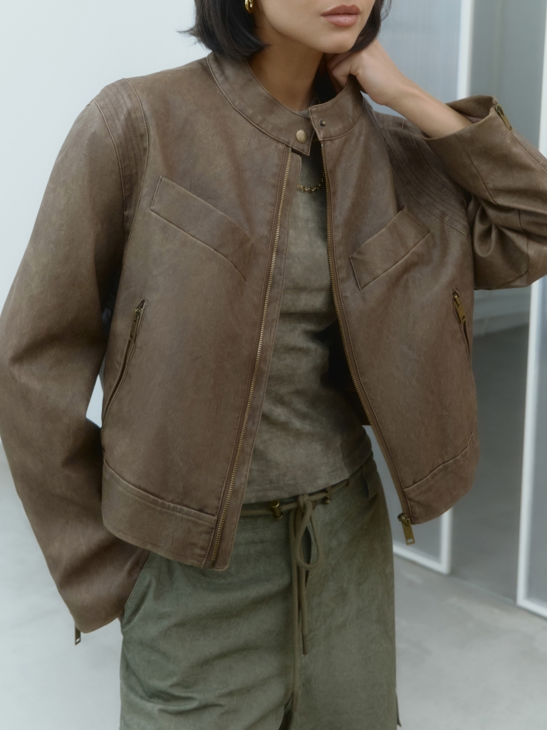 Straight zip-up eco-leather jacket