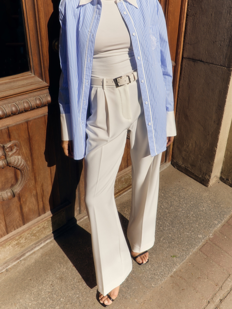 Trousers with a wide eco-leather belt