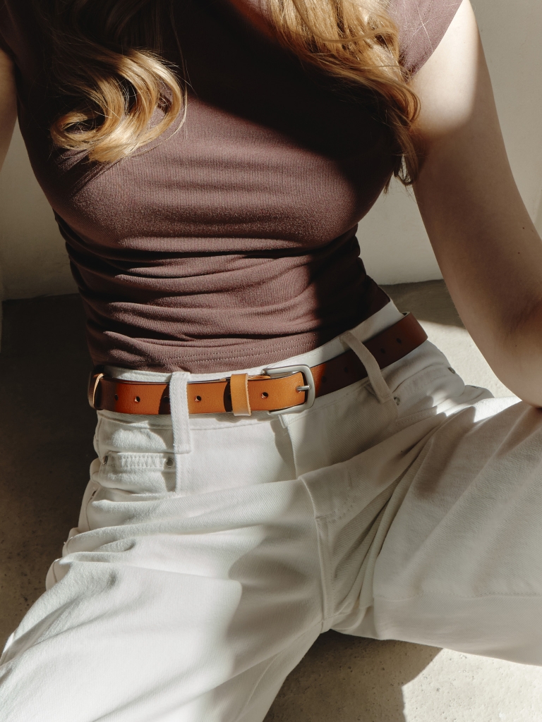 Brushed leather belt with silvertone buckle