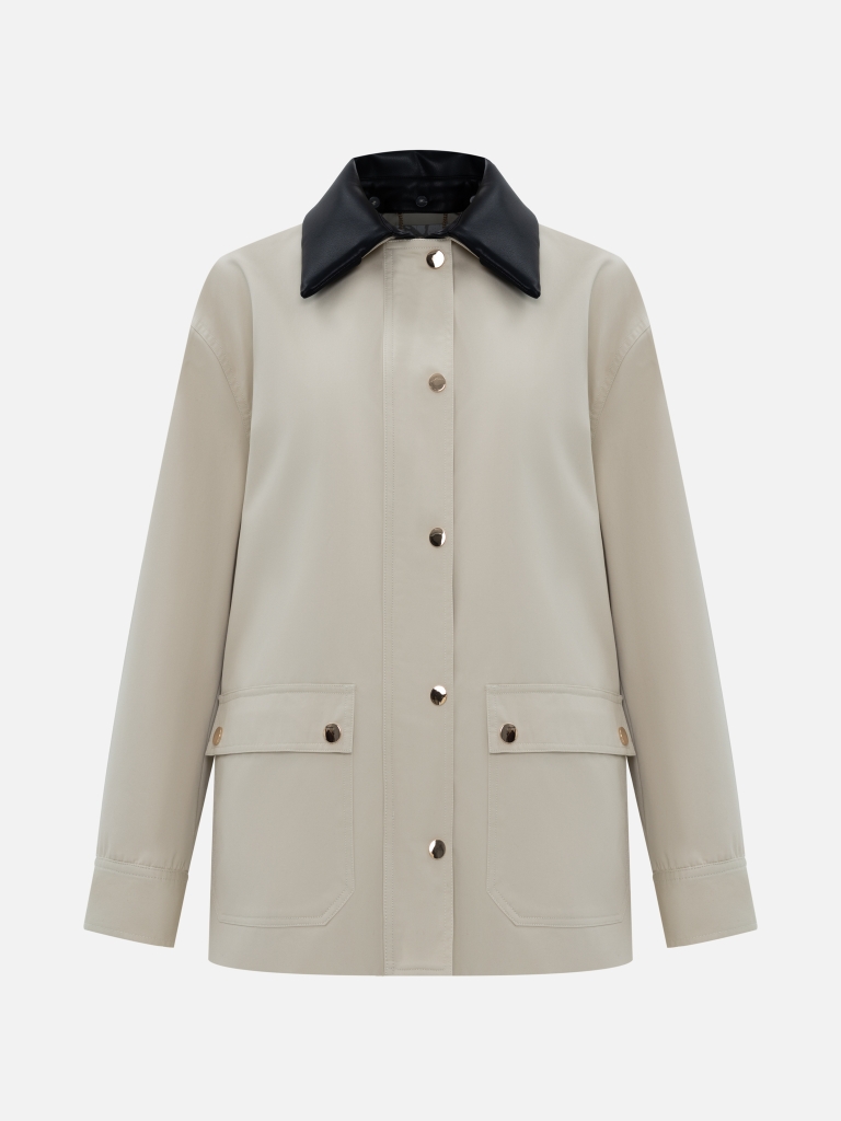 Extended jacket with contrasting eco-leather collar