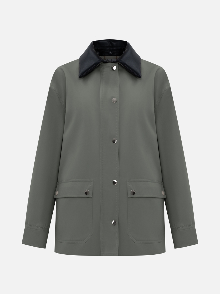 Extended jacket with contrasting eco-leather collar