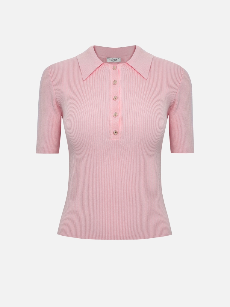 Rubbed knit polo with buttons on the collar