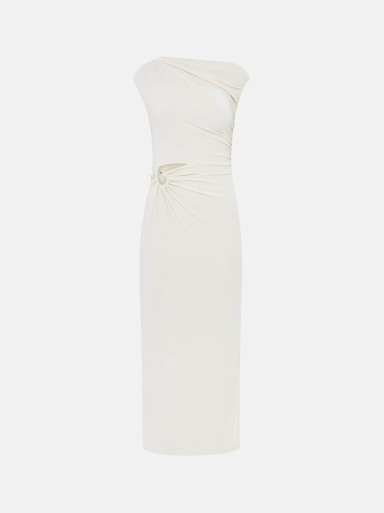 Трикотажное платье макси с лифом на одно плечо и декором на талии