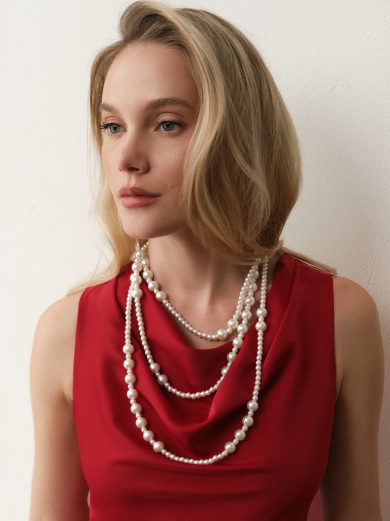 Тройное жемчужное колье с бусинами разного размера