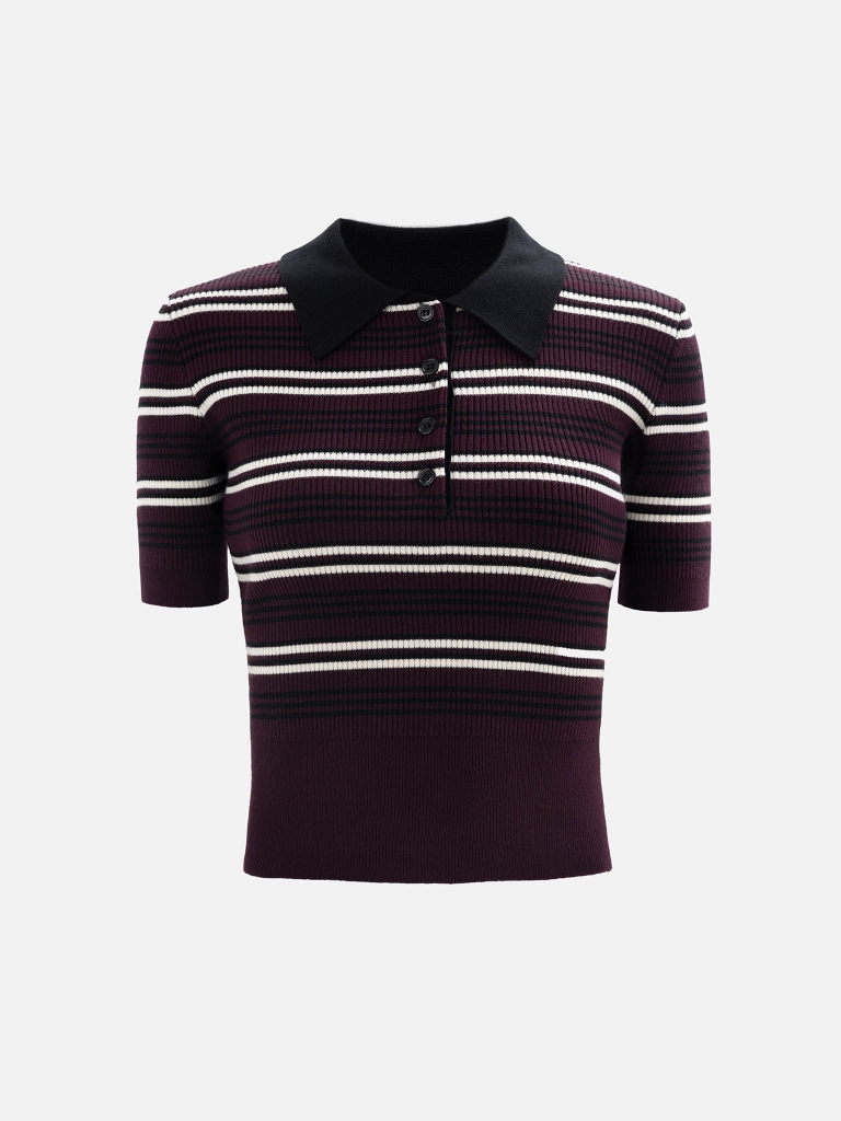 Cropped striped rib-knit polo