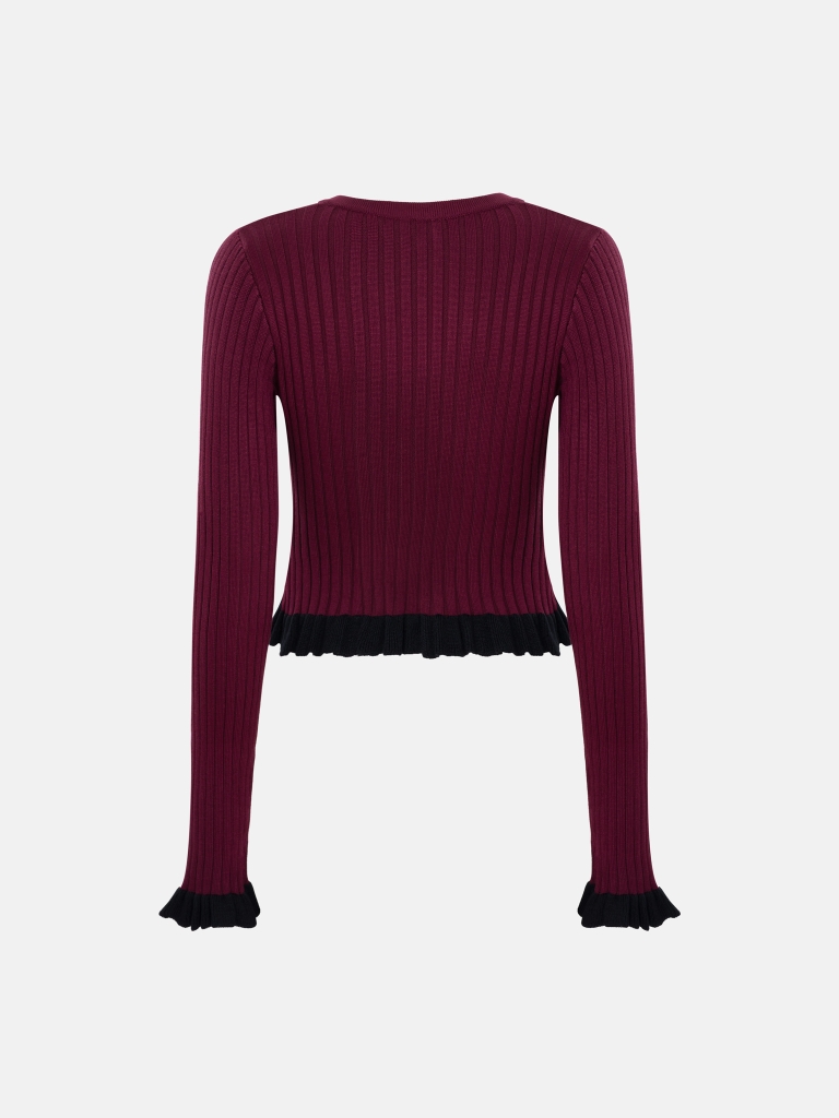 Rib-knit cardigan with contrasting ruffles