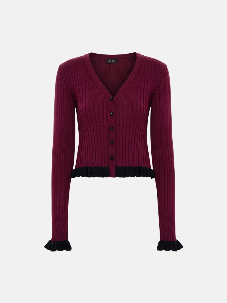 Rib-knit cardigan with contrasting ruffles