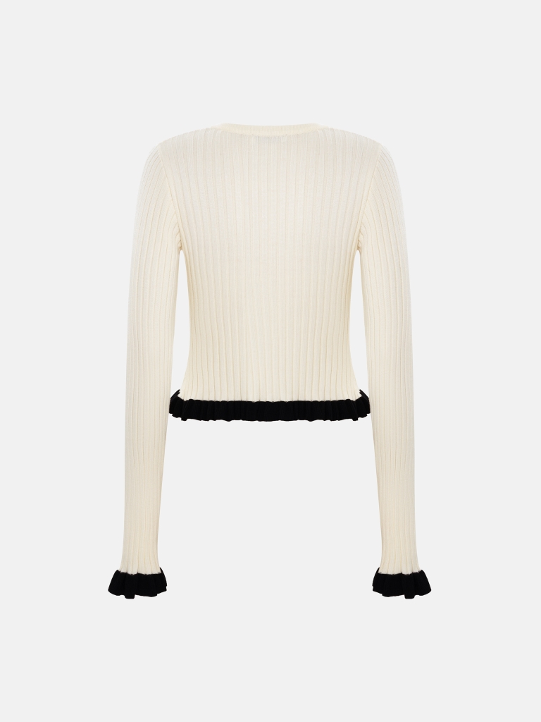 Rib-knit cardigan with contrasting ruffles