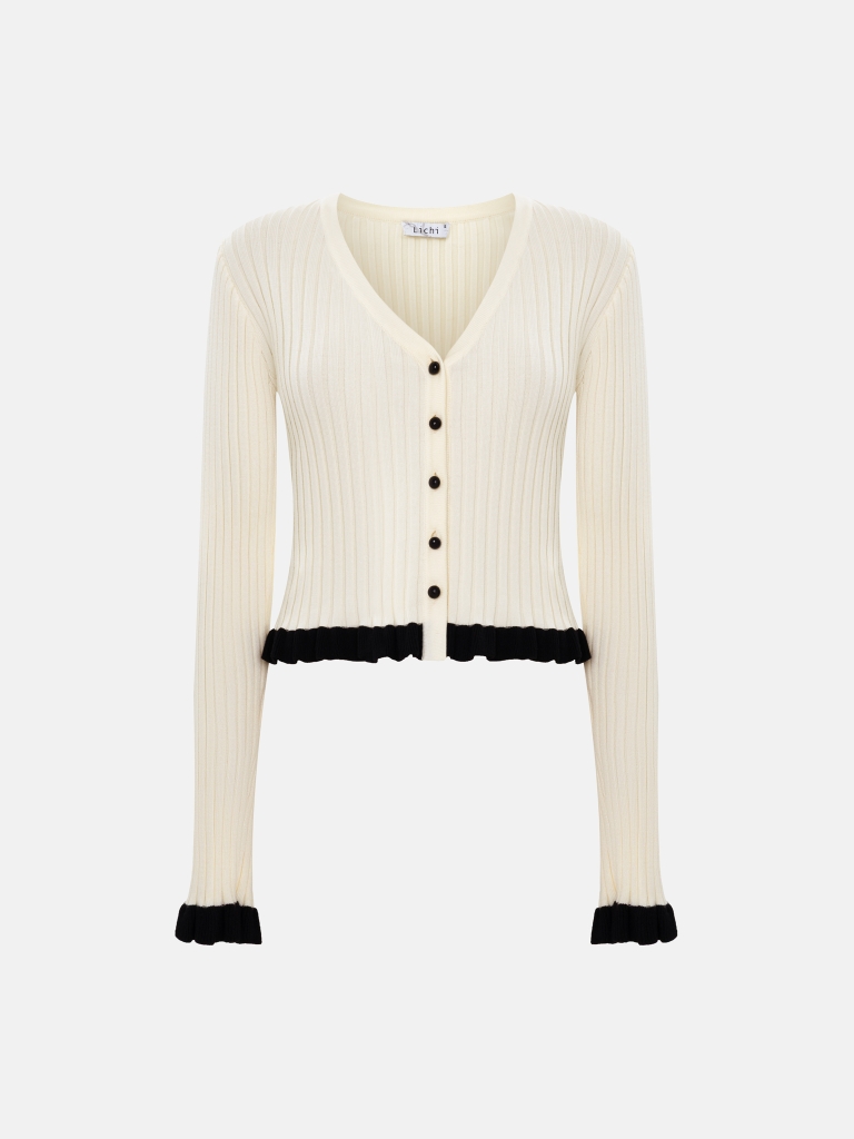Rib-knit cardigan with contrasting ruffles