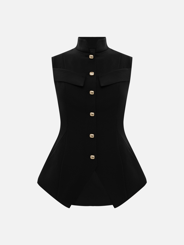 Flared waistcoat with chest pockets and square buttons