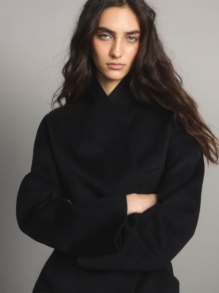 Cropped woollen coat with eco-leather belt