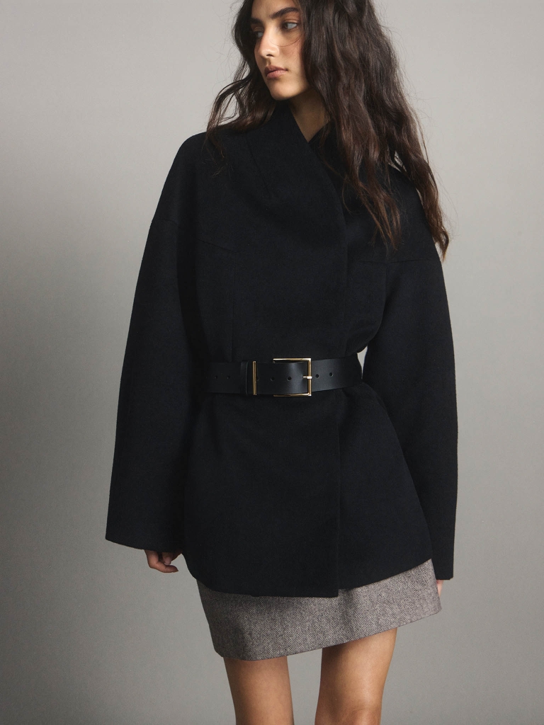 Cropped woollen coat with eco-leather belt