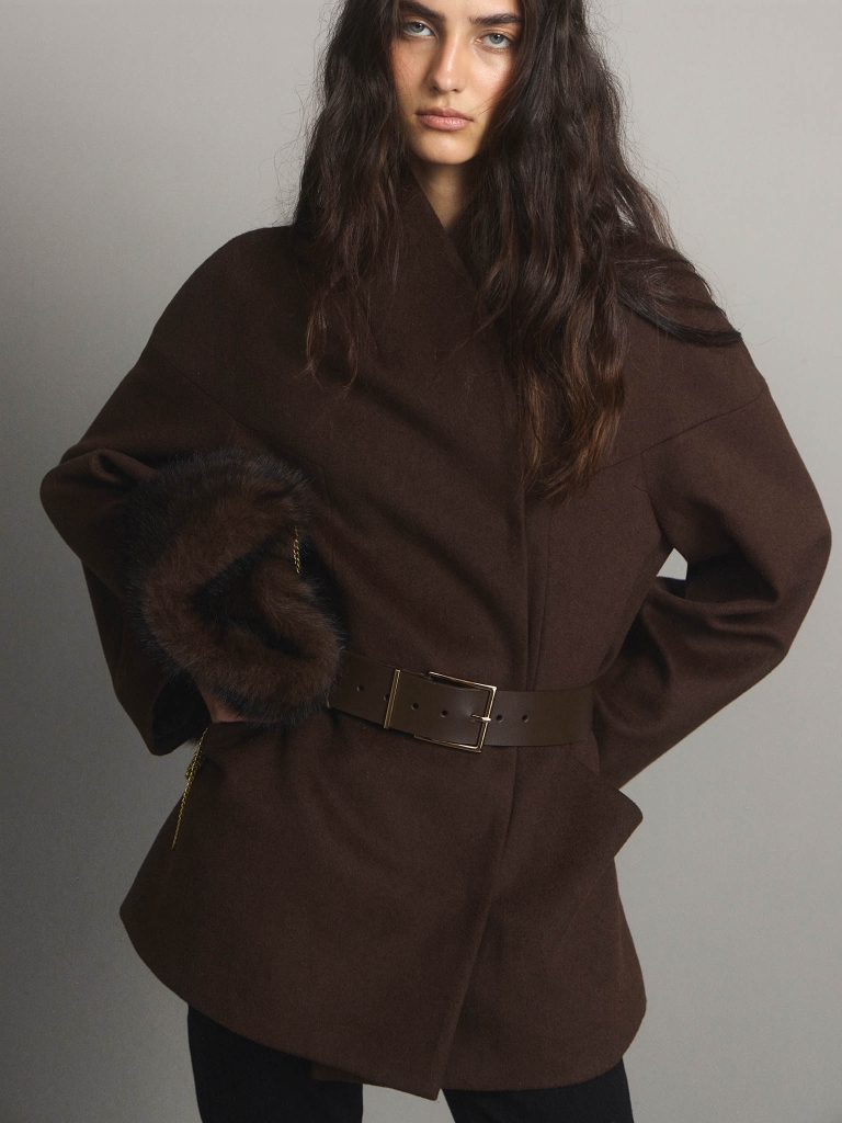 Cropped woollen coat with eco-leather belt