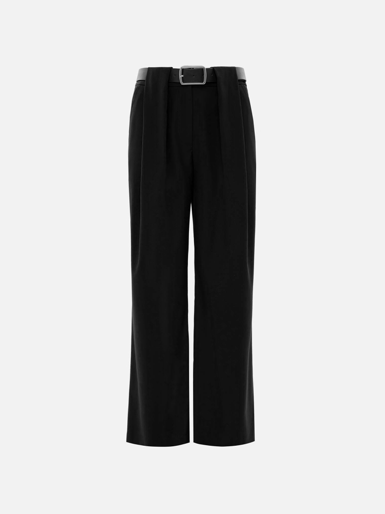 Loose trousers with waist pleats and eco-leather belt