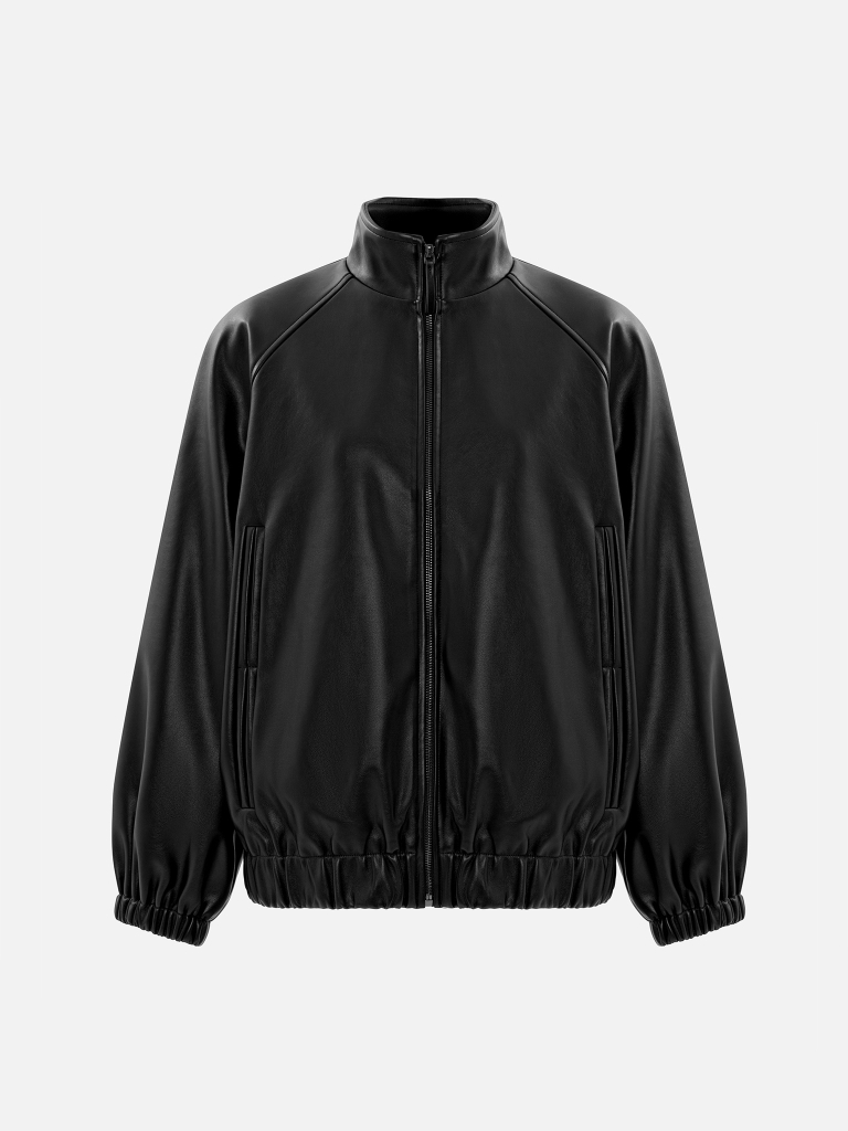 Oversized eco-leather jacket with high collar