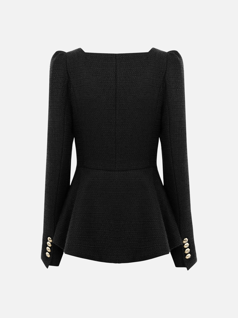 Tweed jacket with square neckline and golden buttons