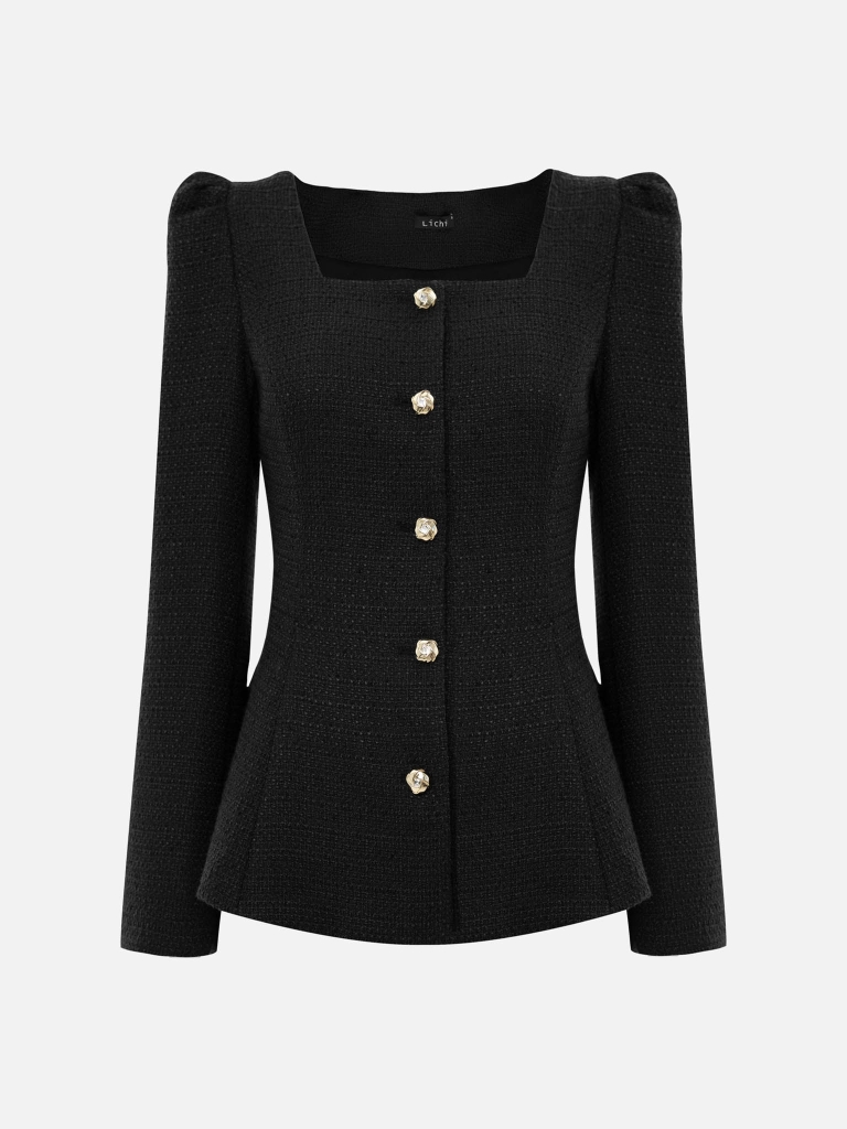Tweed jacket with square neckline and golden buttons