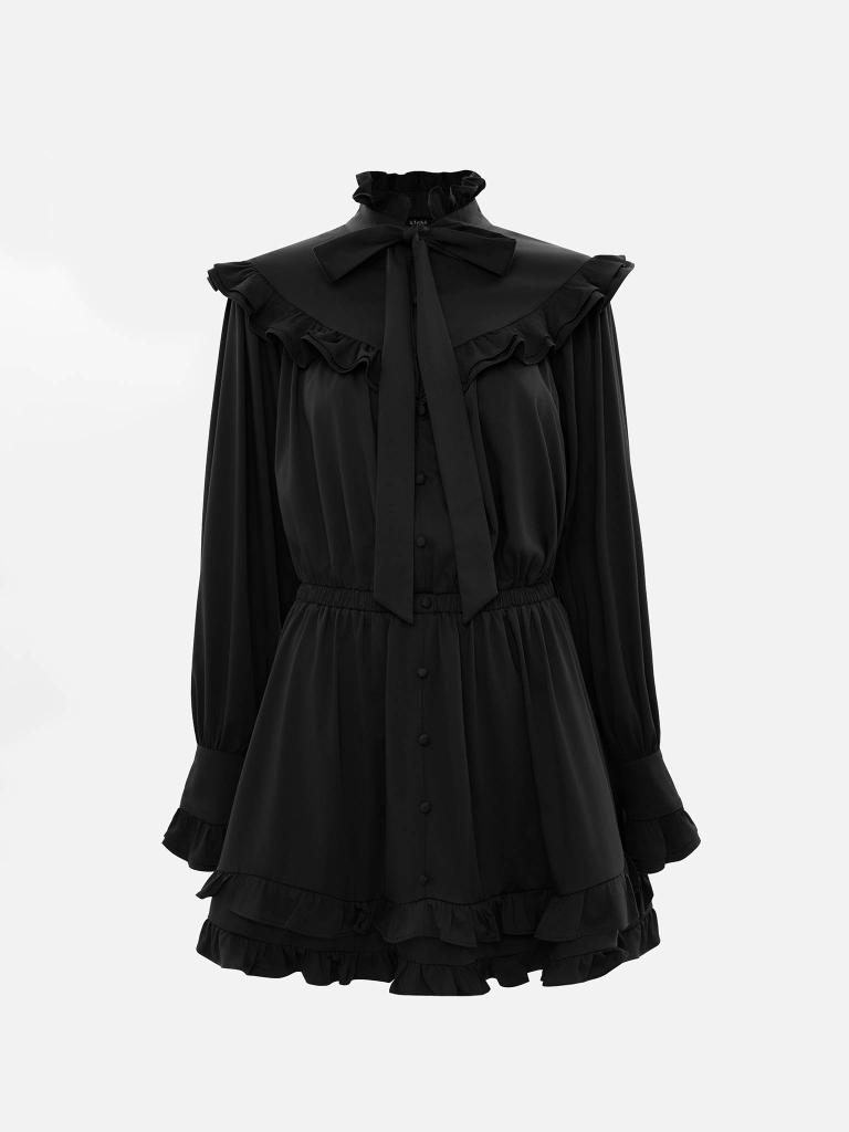 Mini dress with collar bow and ruffles