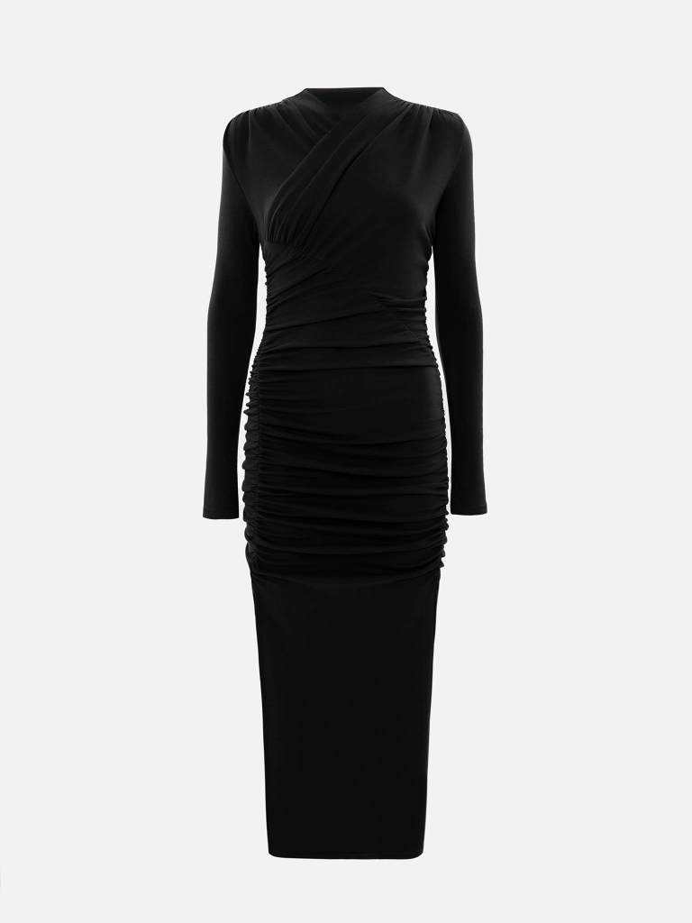Jersey midi dress with asymmetrical gathering at the front