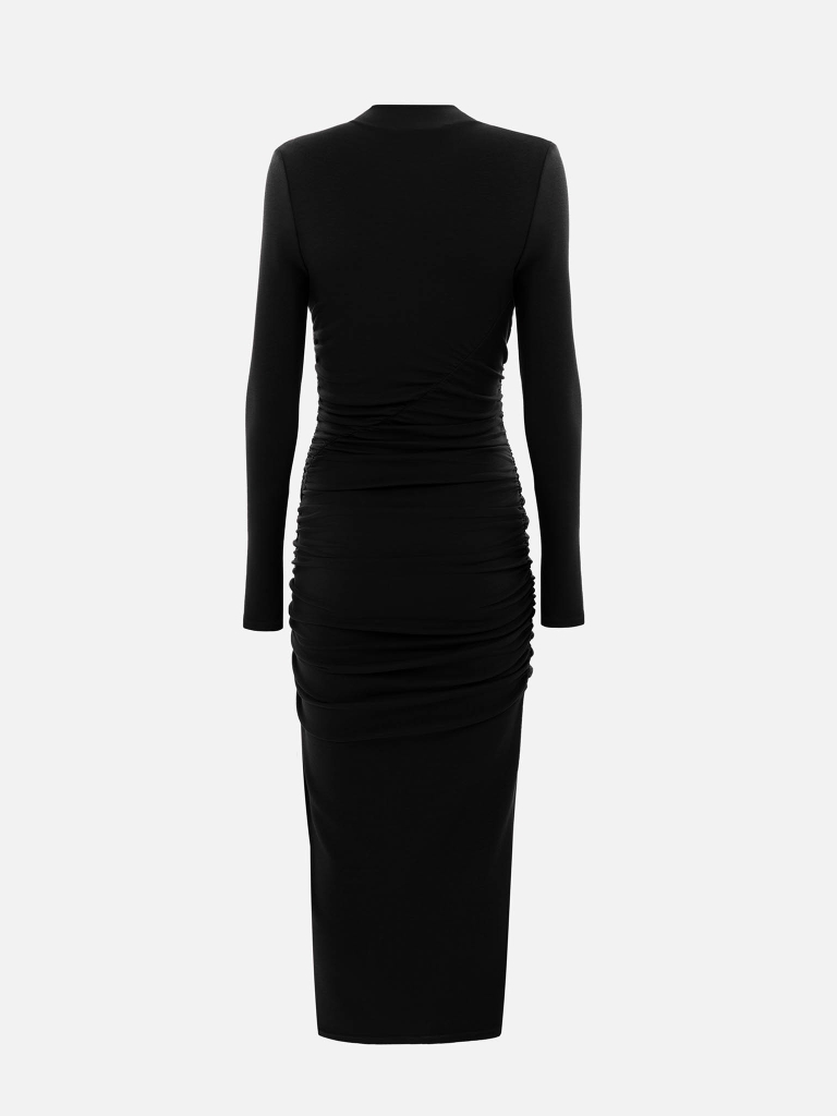 Jersey midi dress with asymmetrical gathering at the front